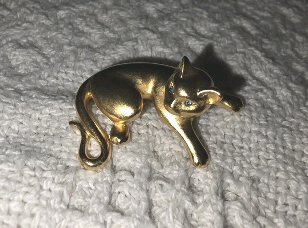 Vintage Carolee Gold Tone Siamese Kitty Cat Rhinestone Eyes Brooch Pin Pin